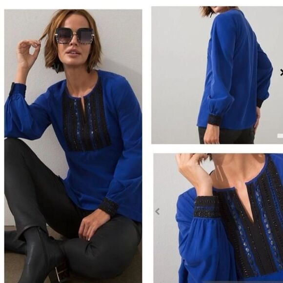 Chico's Embellished Colorblock Top in Seafaring Blue & Black Size Large (16) - Picture 1 of 13